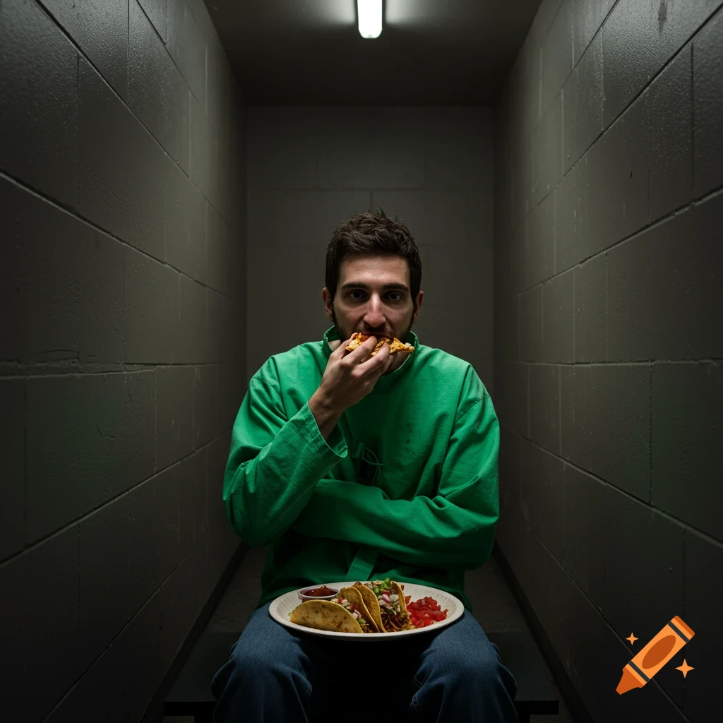 Man in green jacket eating pizza in a stark room with tacos on a plate.