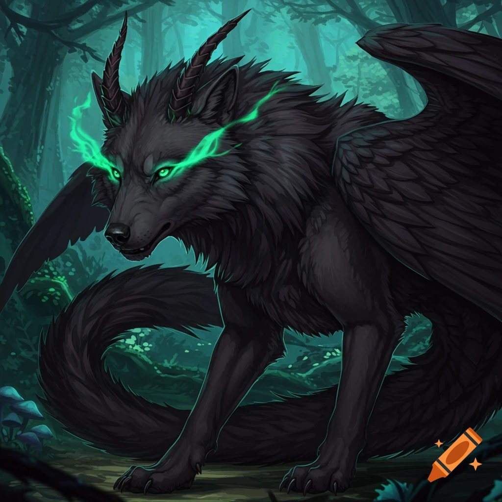 A black wolf-dragon hybrid with green eyes, horns, and wings stands in a forest.