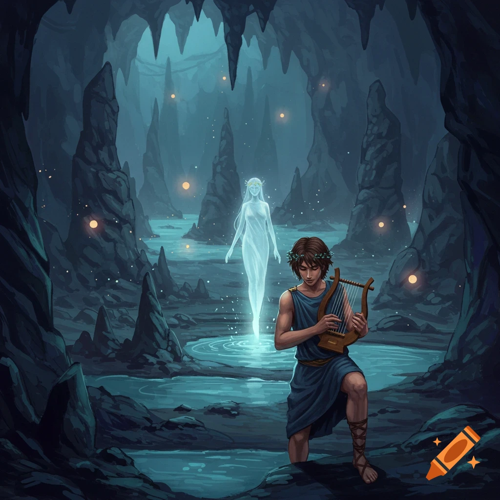 Orpheus playing a lyre in a cave for a spectral Eurydice.