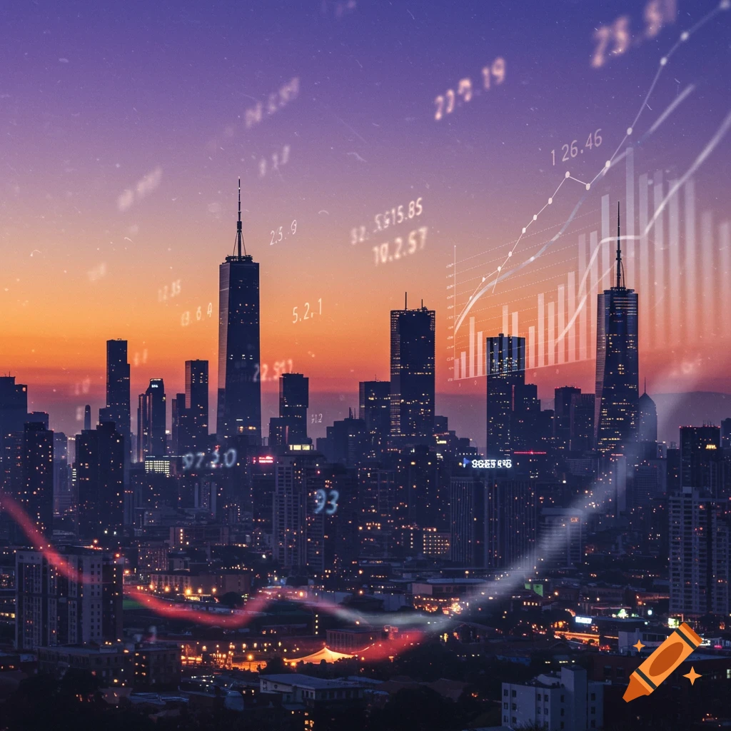 A city skyline at sunset with financial charts and data overlays.