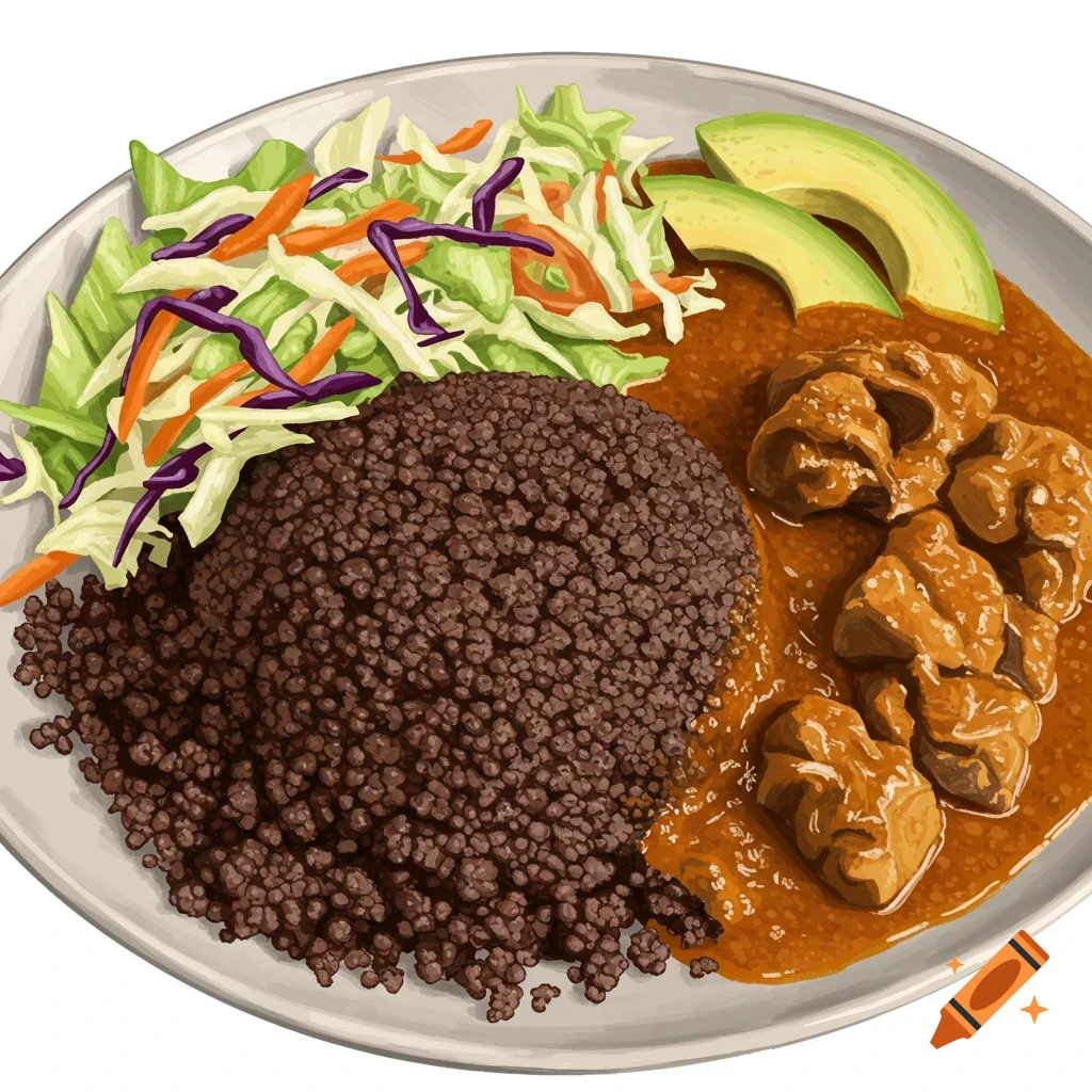 A meal of wasawasa with stew, salad, and avocado on a plate.