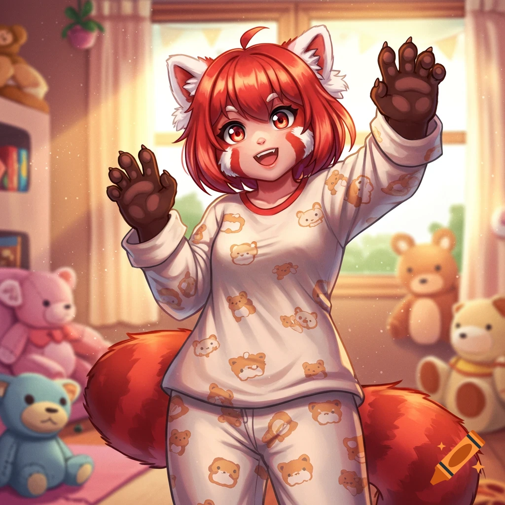 An anime-style girl with red panda features in pajamas waving in a room filled with stuffed animals.