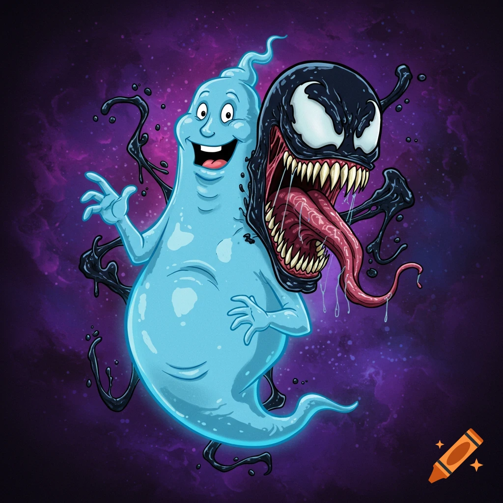 A light blue ghost character merged with Venom against a cosmic background.