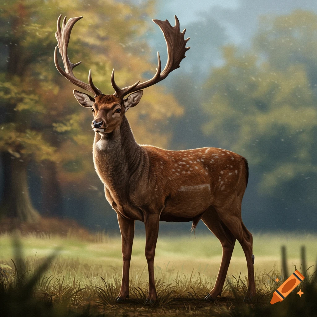 A large deer with impressive antlers standing in a field.