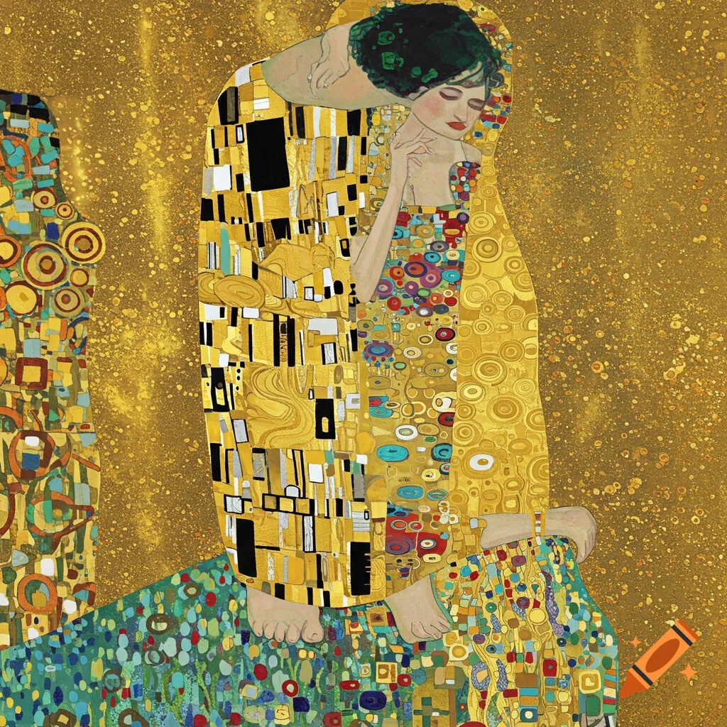 A couple embracing, covered in gold and patterned robes, against a golden background.
