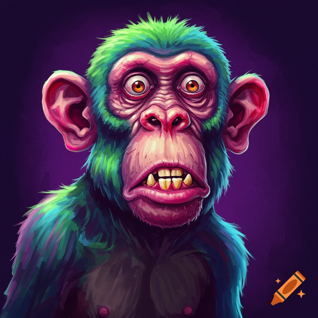 A vibrant, psychedelic-style portrait of an ugly monkey with green and blue fur, pink face, orange eyes, and misaligned teeth.