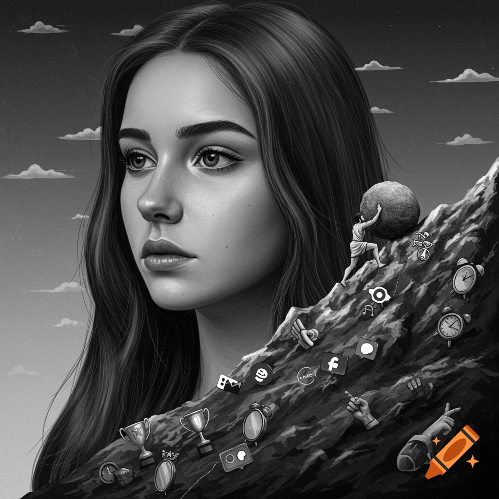 Black and white illustration of a woman's face merging into a mountain, where a Sisyphus figure pushes a boulder among social media icons and clocks.