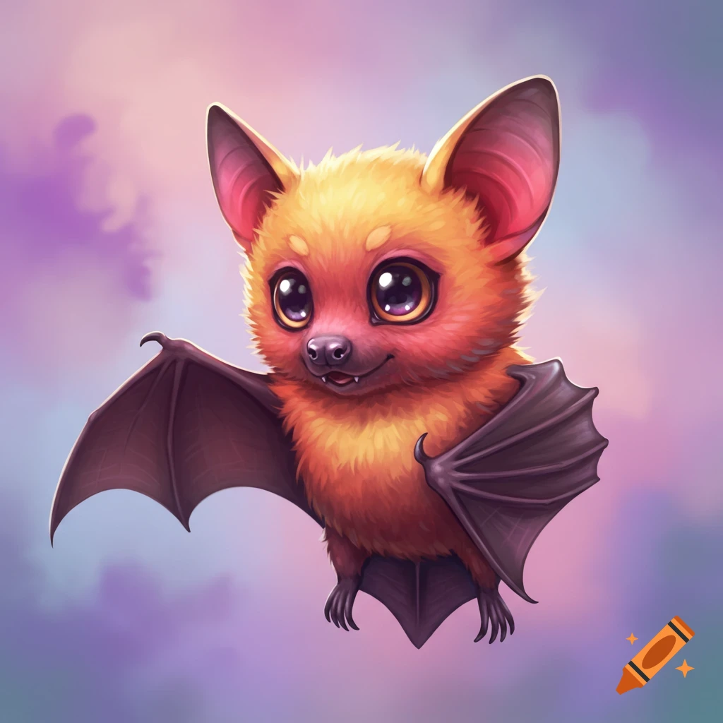 Cute baby fruit bat flying against a purple and pink sky.