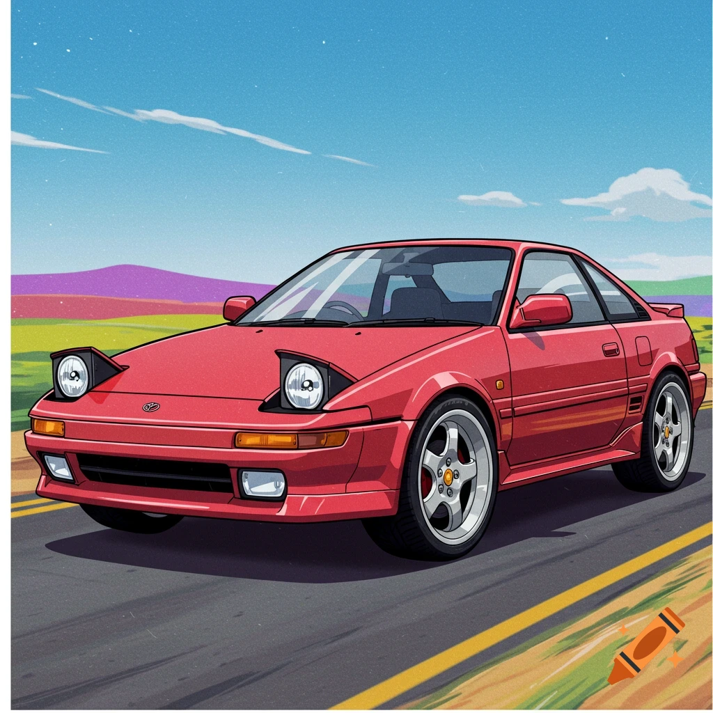 A red 1990s Toyota MR2 car in a cartoon style driving on a road with a hilly landscape background.