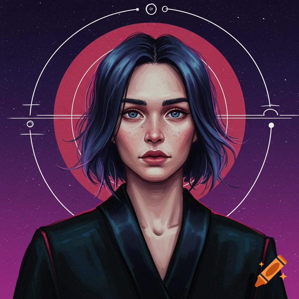 Portrait of a woman with blue hair and freckles against a space background with abstract symbols.