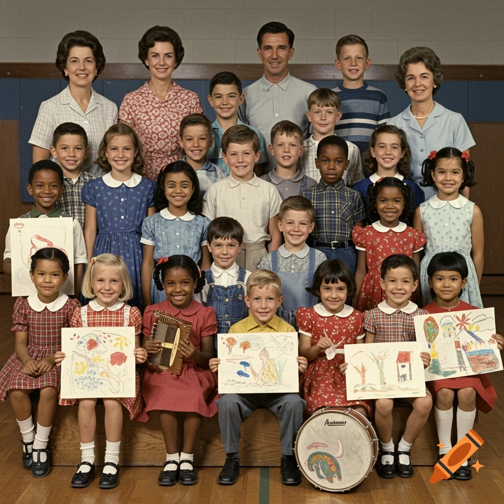 A vintage school group photo shows diverse children and teachers posing. Some children hold drawings or a drum.