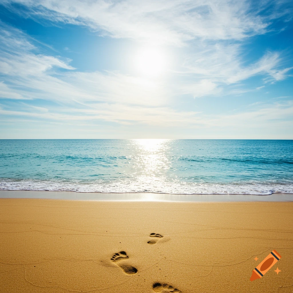 Footprints on a sandy beach with the ocean under a sunny sky.