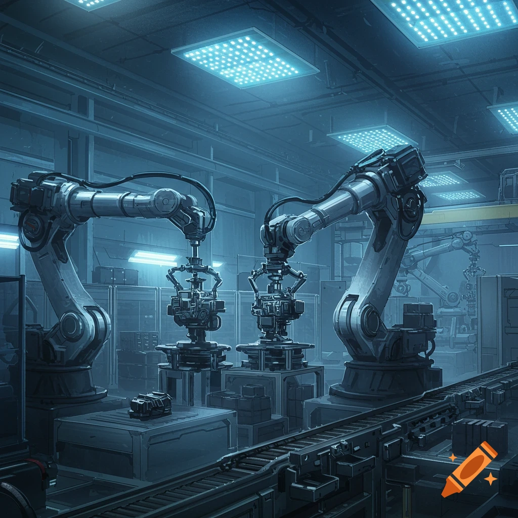 Image of a robotics factory with robotic arms and conveyor belts.