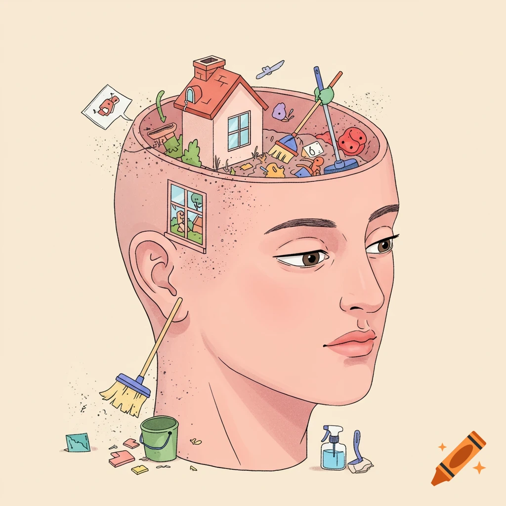 Illustration of a person's head being spring cleaned like a house with brooms and cleaning supplies.