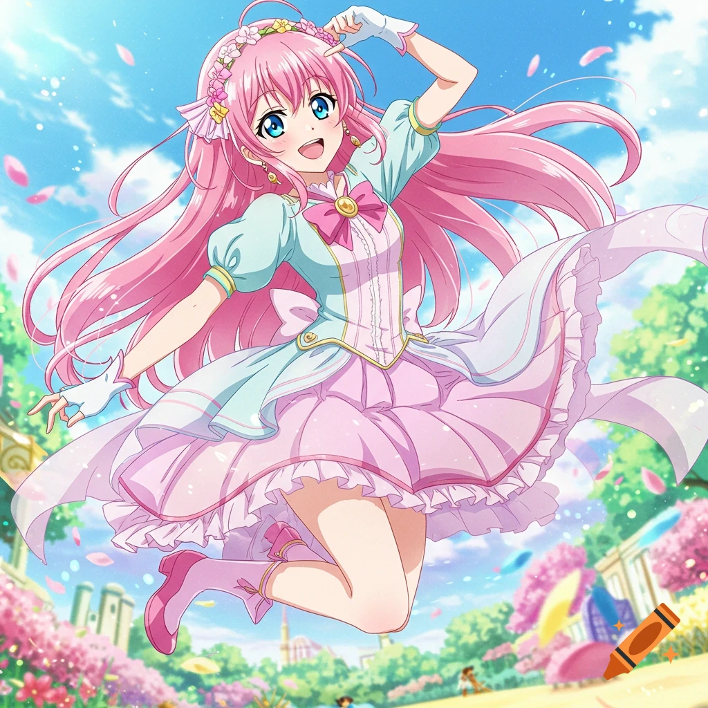 Anime girl with pink hair and a pink dress jumps happily in a sunny park.