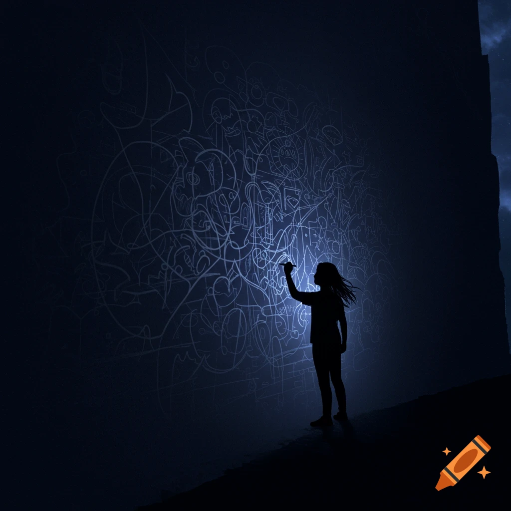 A silhouette of a person drawing glowing abstract lines on a giant dark wall