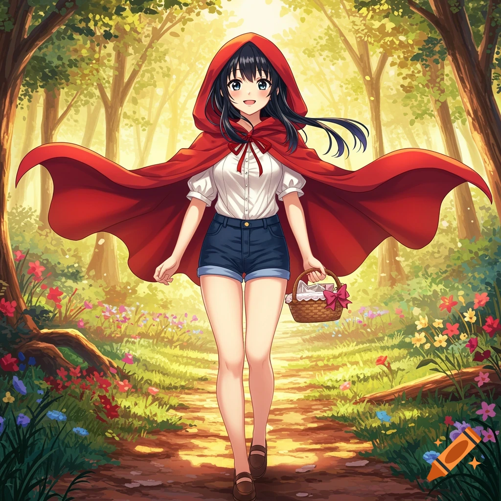Anime girl in red hooded cloak walks on a forest path carrying a basket through a vibrant forest.