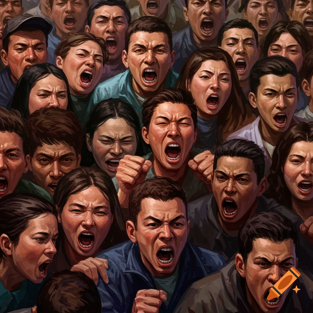 A diverse angry crowd yelling with contorted faces.