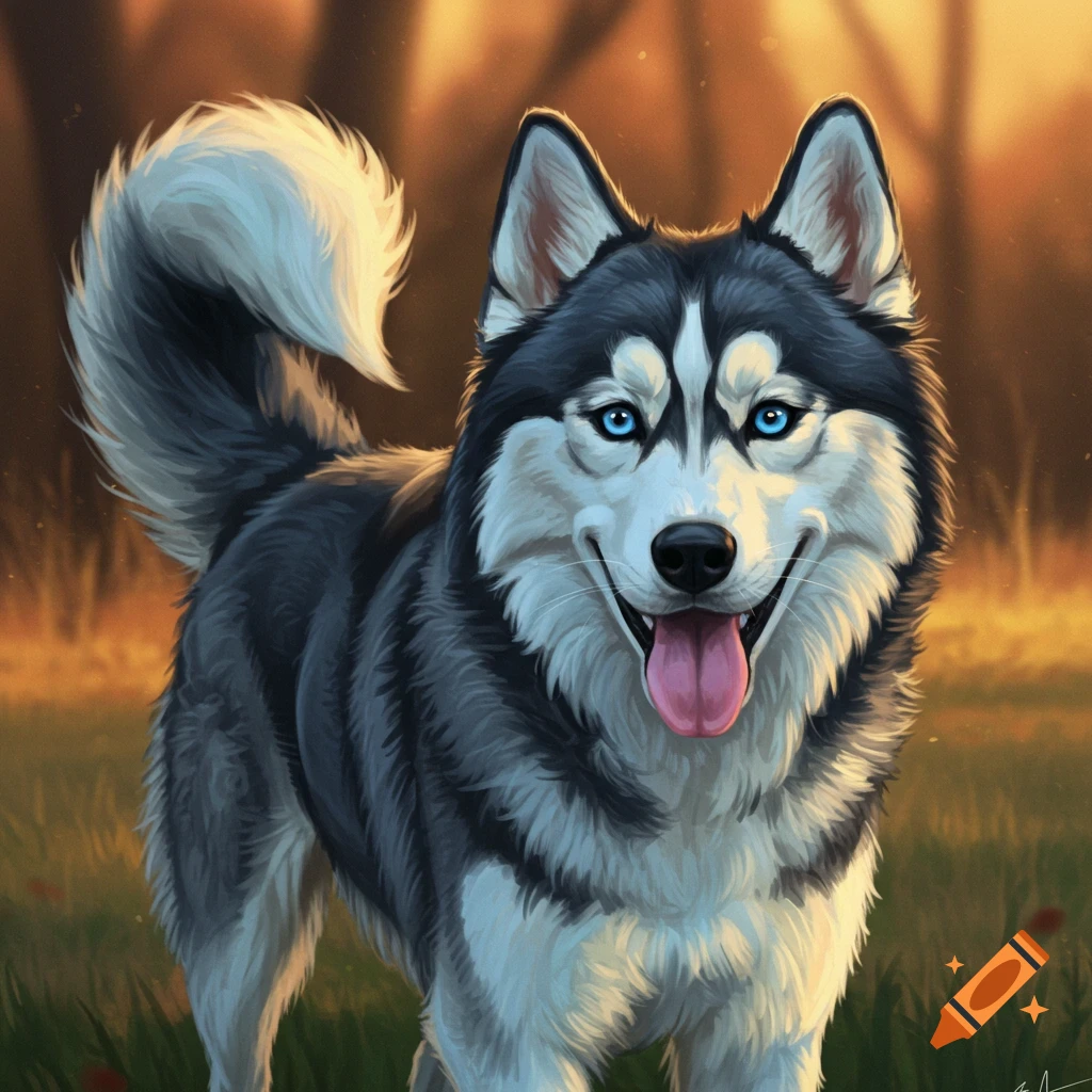 Happy husky dog smiling in a field at sunset.