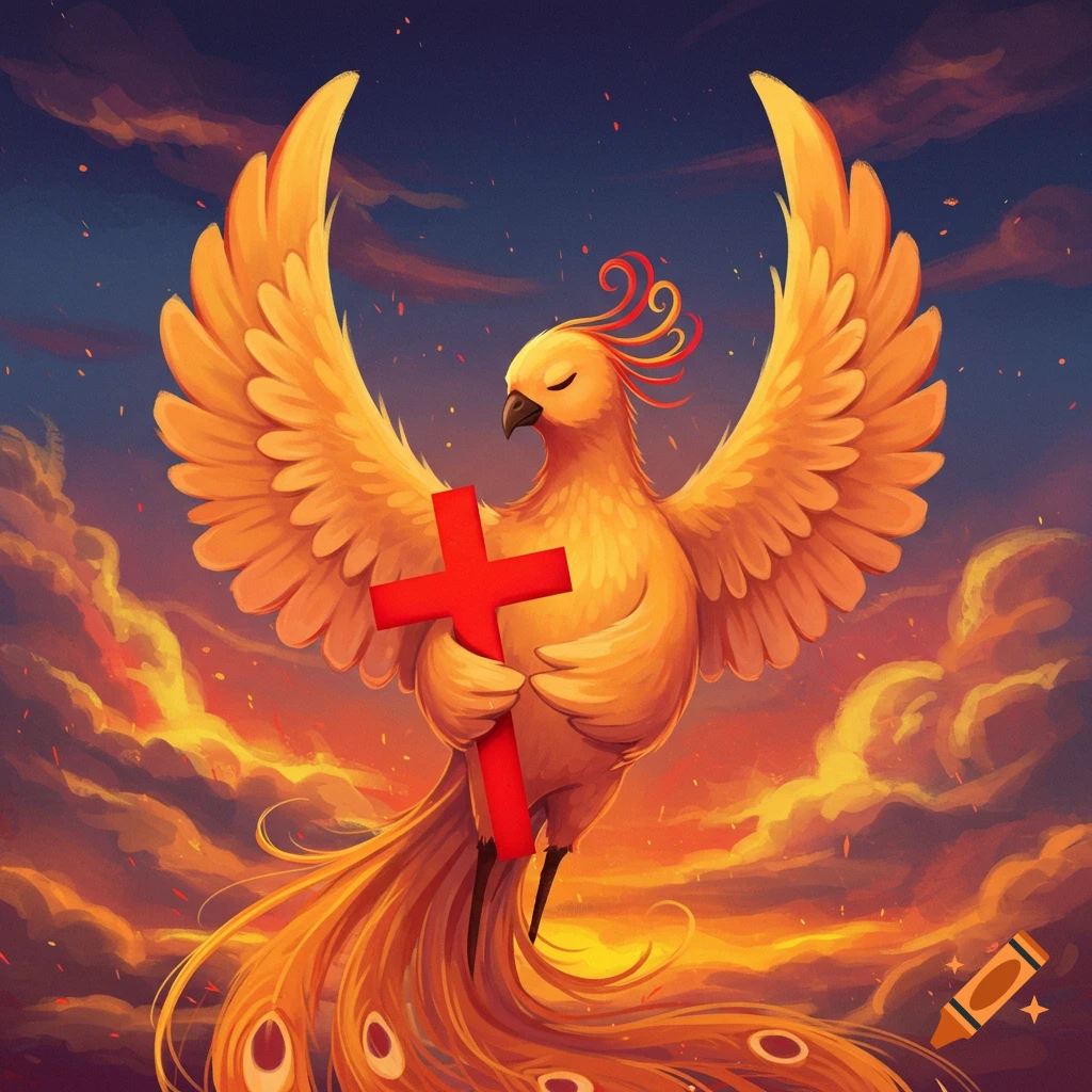 A phoenix holding a red cross, rising from fiery clouds.