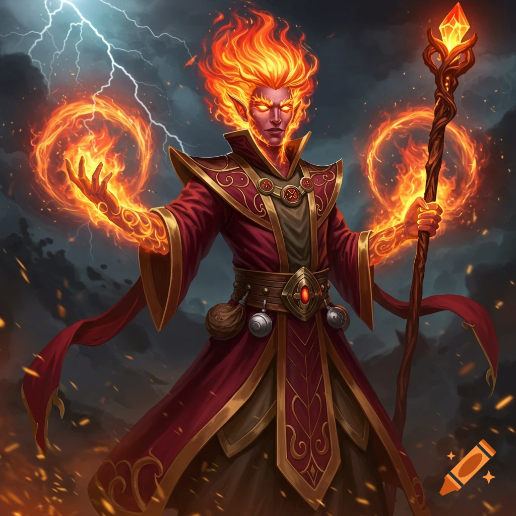 A fire elemental wizard casts spells while holding a staff, with lightning behind him.