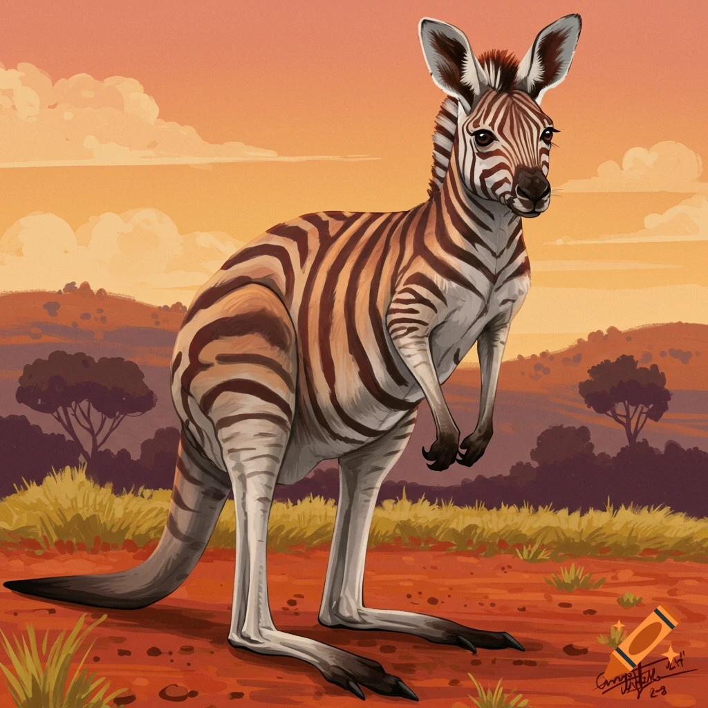 A kangaroo with zebra stripes stands in a grassy landscape at sunset.