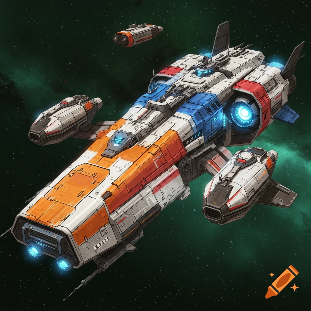 A futuristic spaceship with orange, blue, red, white, and black colors flying in space.
