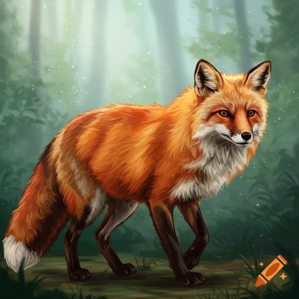 A red fox stands in a forest.
