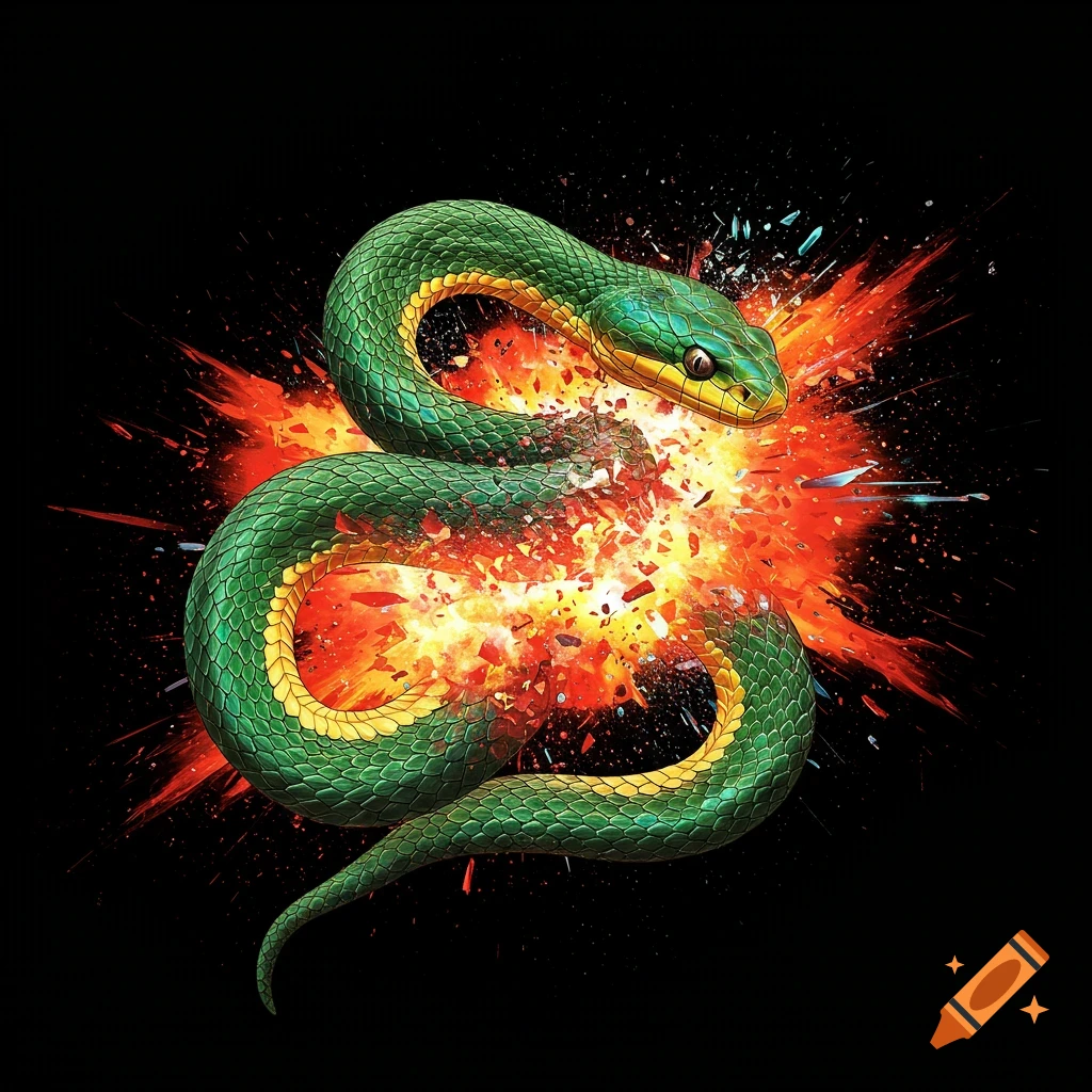 Green and yellow snake over an explosion.