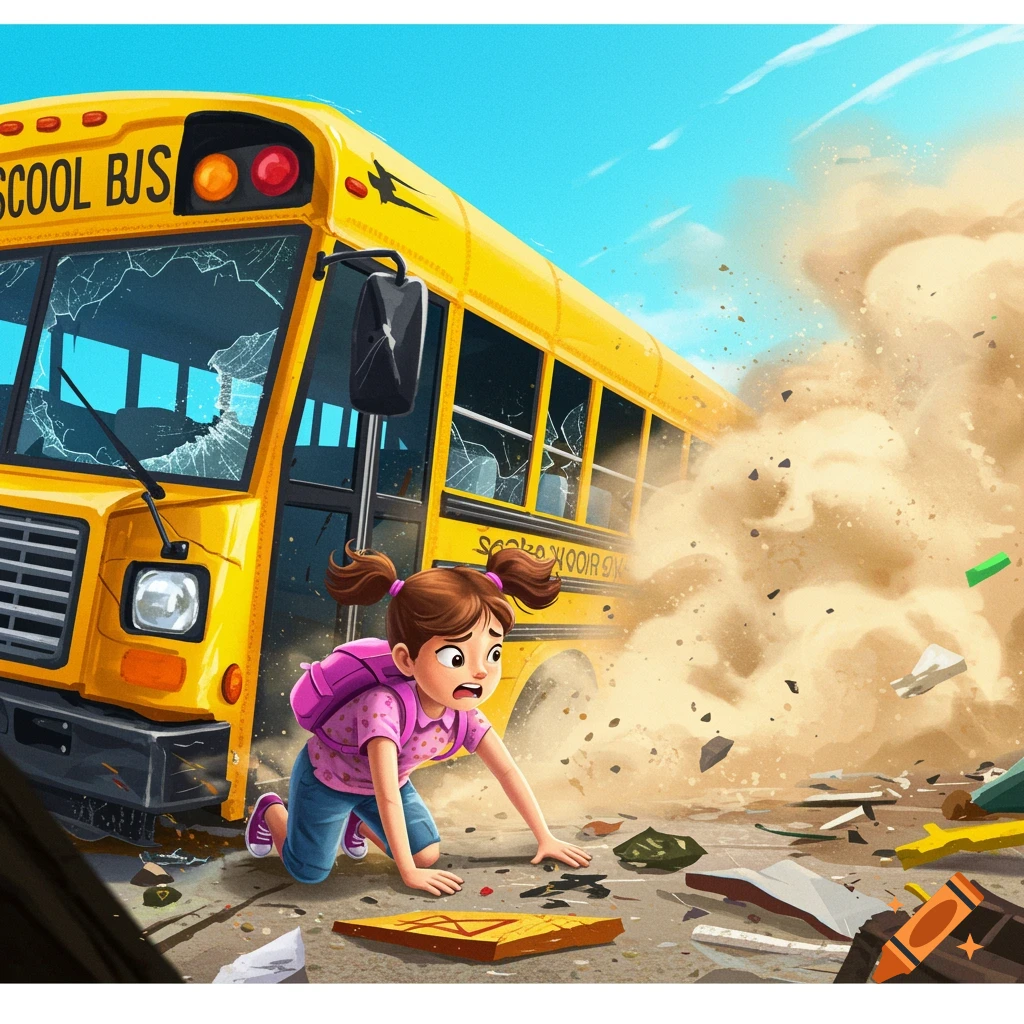 Cartoon girl crawls from crashed school bus amidst debris.