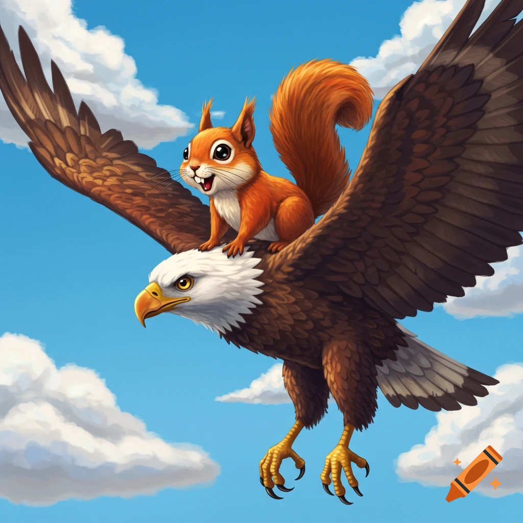 A cartoon squirrel rides on the back of a flying bald eagle.