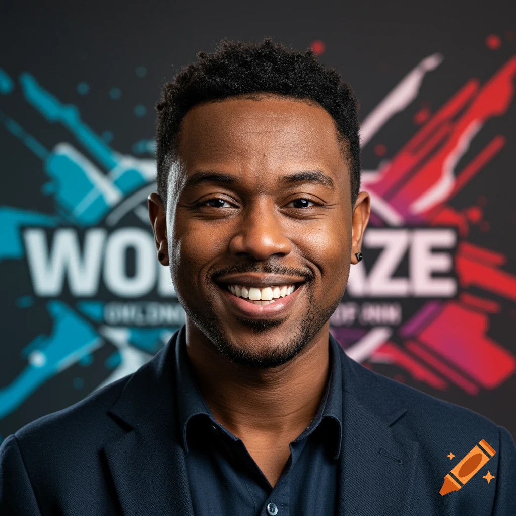 A man smiles in a suit jacket against a background with a colorful logo.