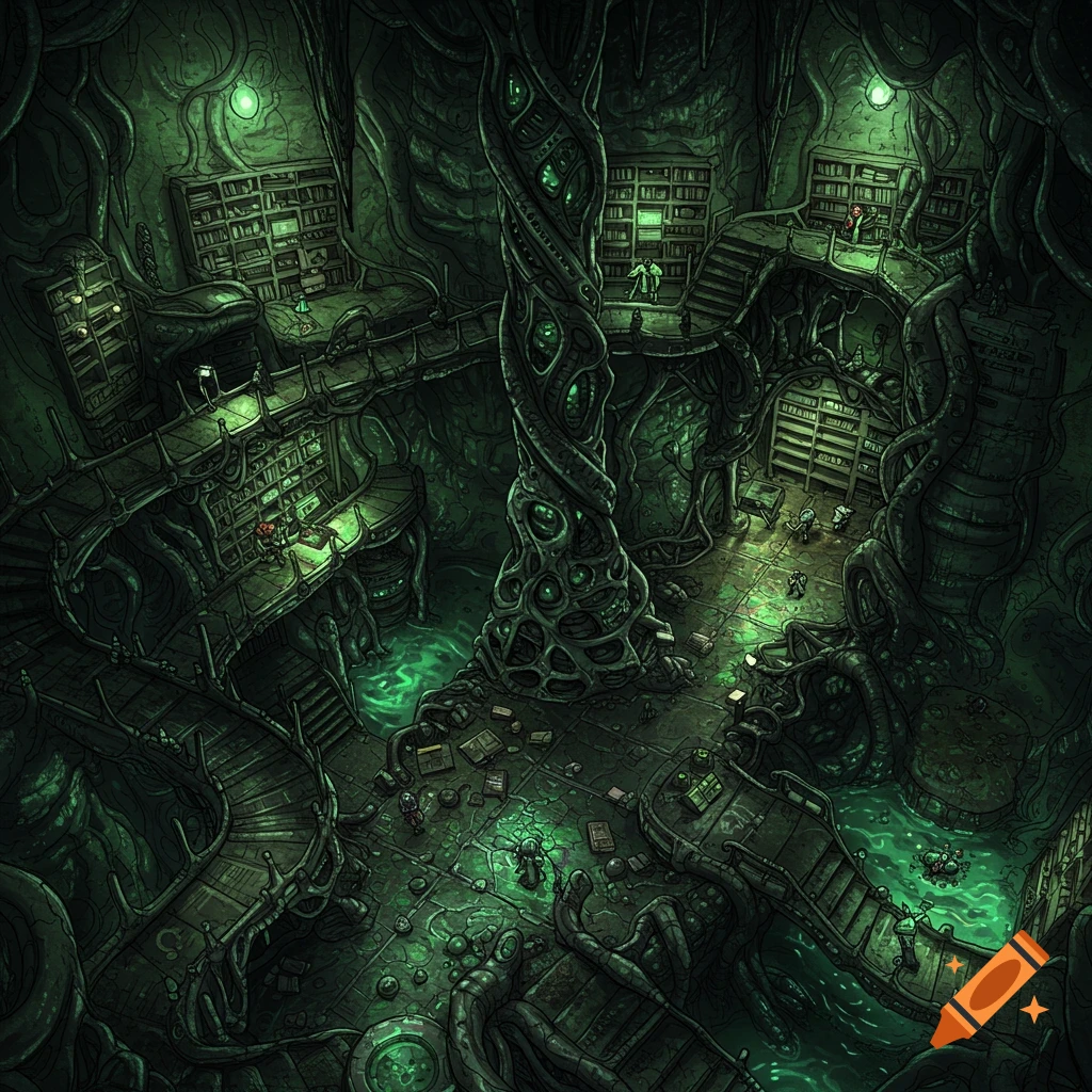 Top-down fantasy battle map of a dark, organic, H.R. Giger-inspired library dungeon with strange structures and glowing water.