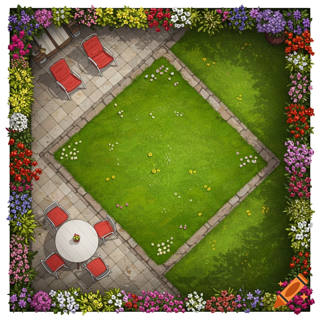 Overhead view of a garden patio with red chairs and a square lawn bordered by colorful flowers.