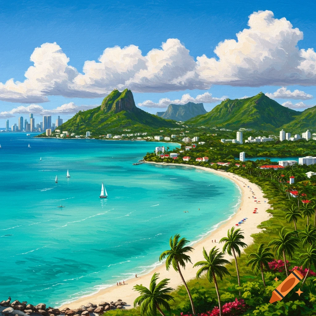 A tropical beach with blue water, white sand, palm trees, mountains, and city skyline.
