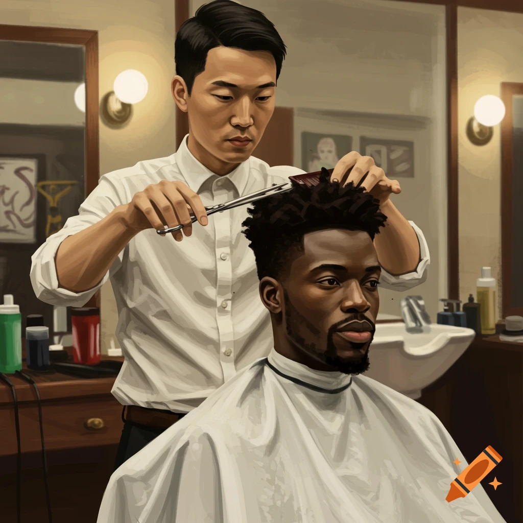 An African man getting a haircut from an Asian barber