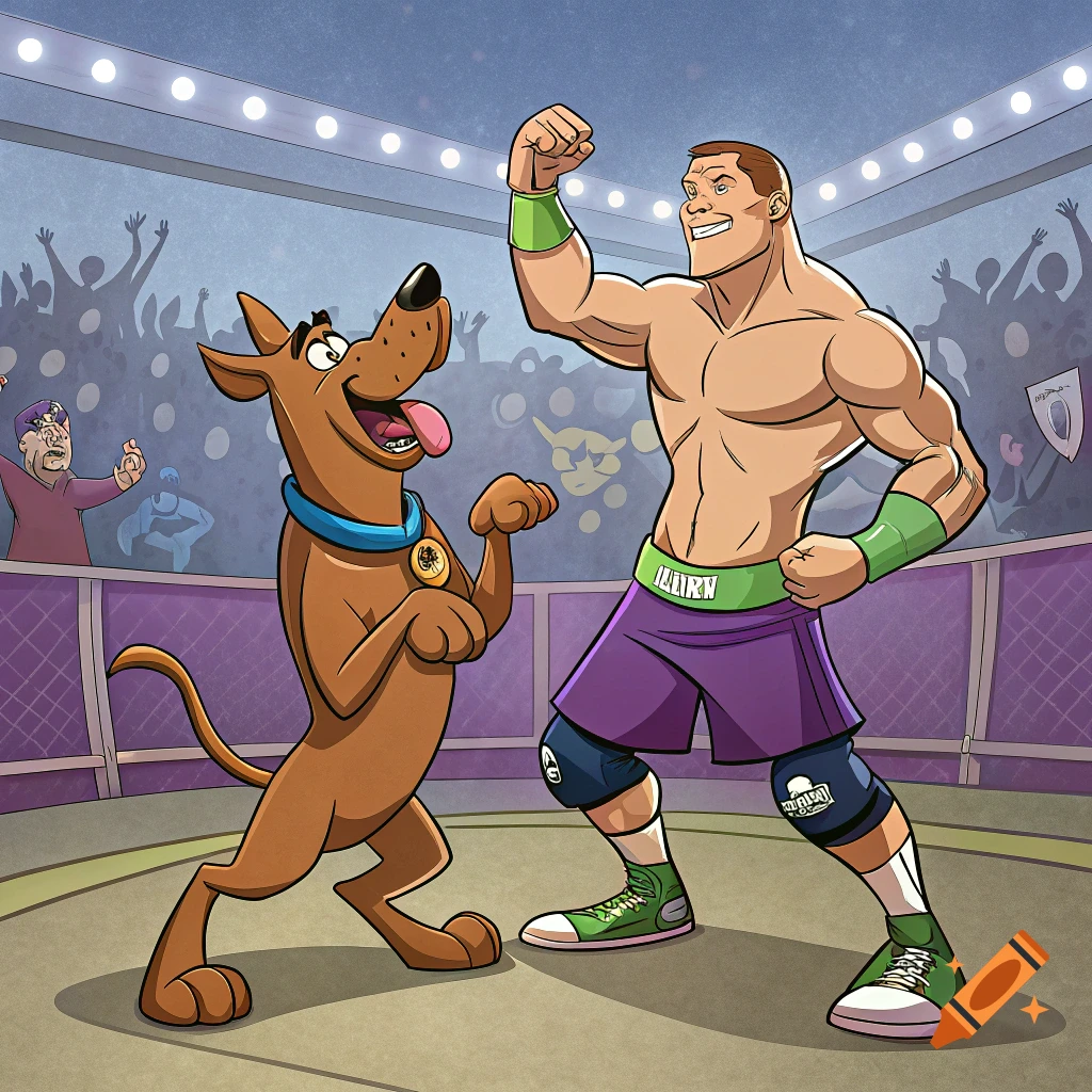Scooby-Doo and John Cena flex in a wrestling ring. Cartoon style.