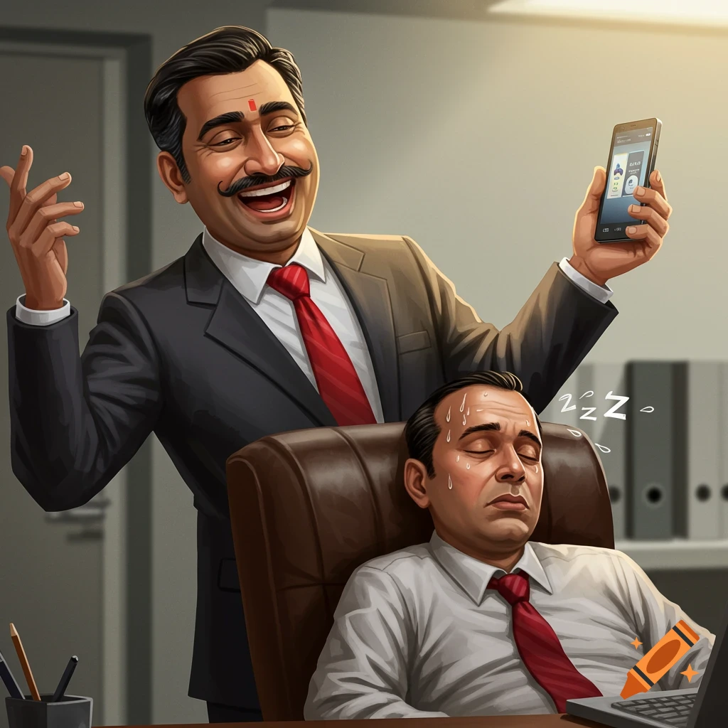 A laughing salesman is showing his phone to a sweaty customer who is asleep in an office chair.