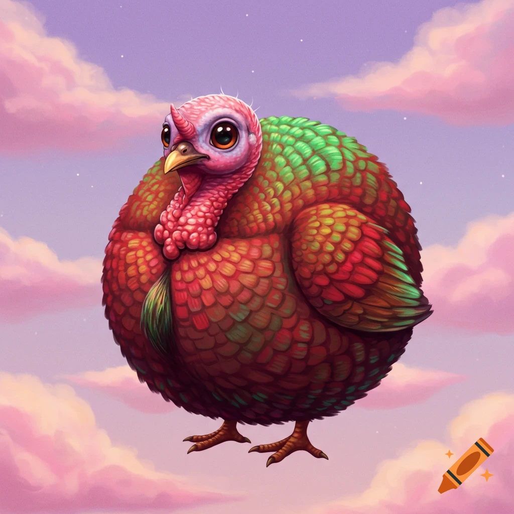 A spherical cartoon turkey with vibrant feathers floats in a cloudy, starry sky.