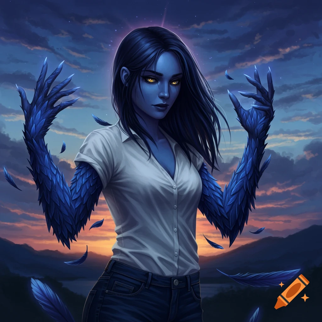A blue-skinned bird shifter with feathered arms and yellow eyes, wearing a white shirt and jeans, in a sunset landscape.