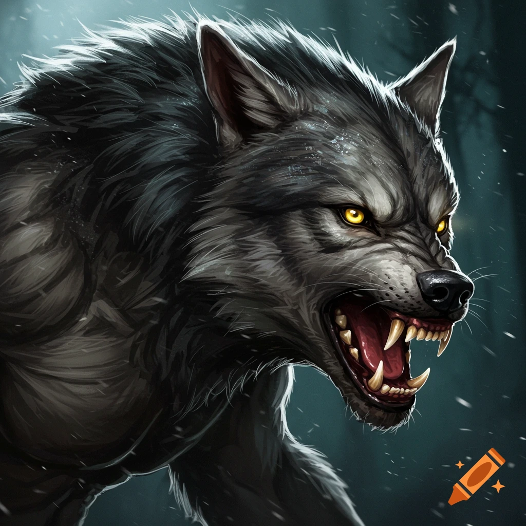 A snarling werewolf with glowing yellow eyes.