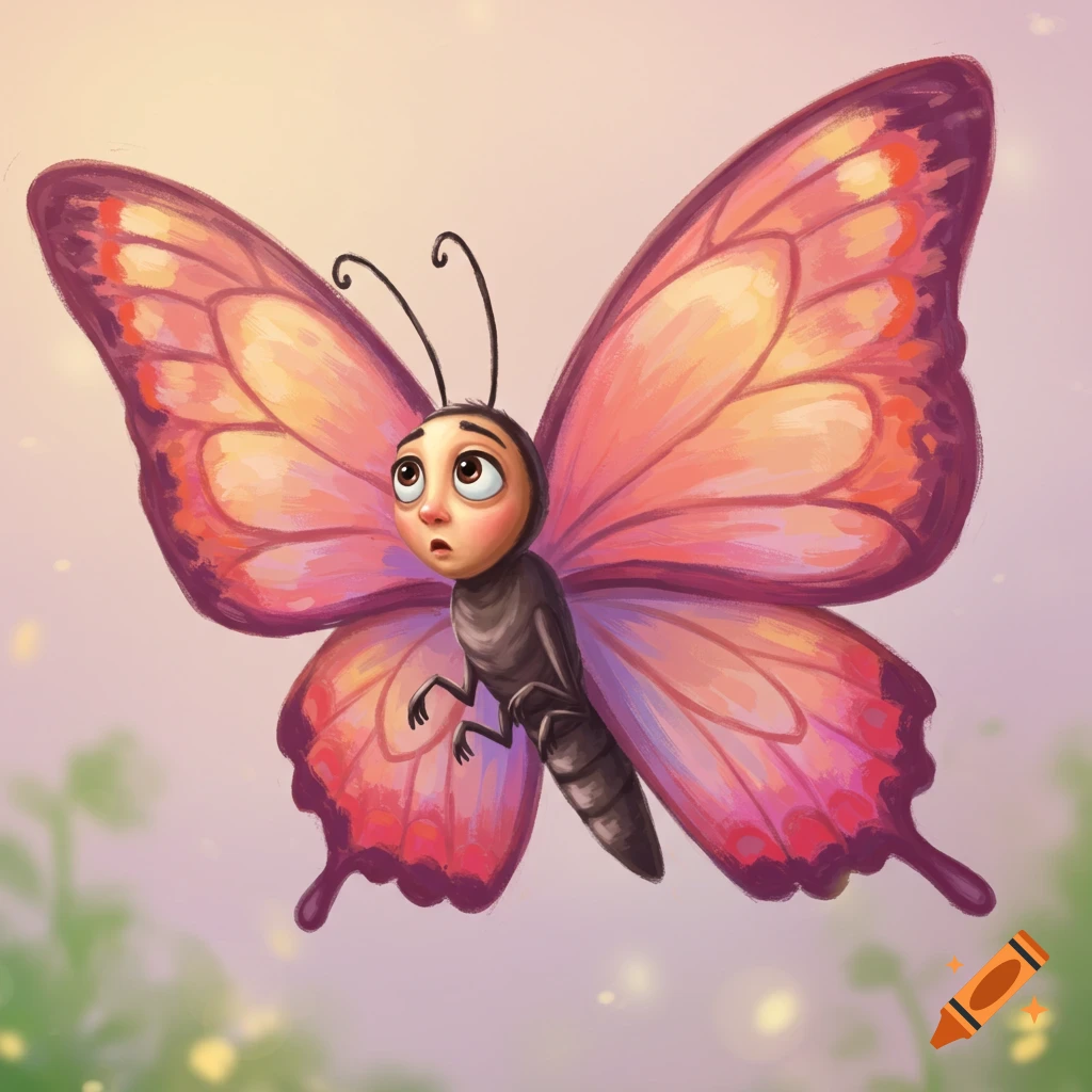 Cartoon butterfly with a human-like face looking up with a questioning expression.