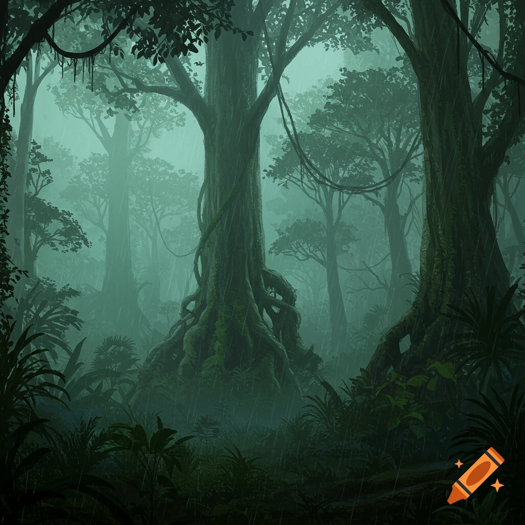 Dark, rainy jungle with tall trees and dense foliage