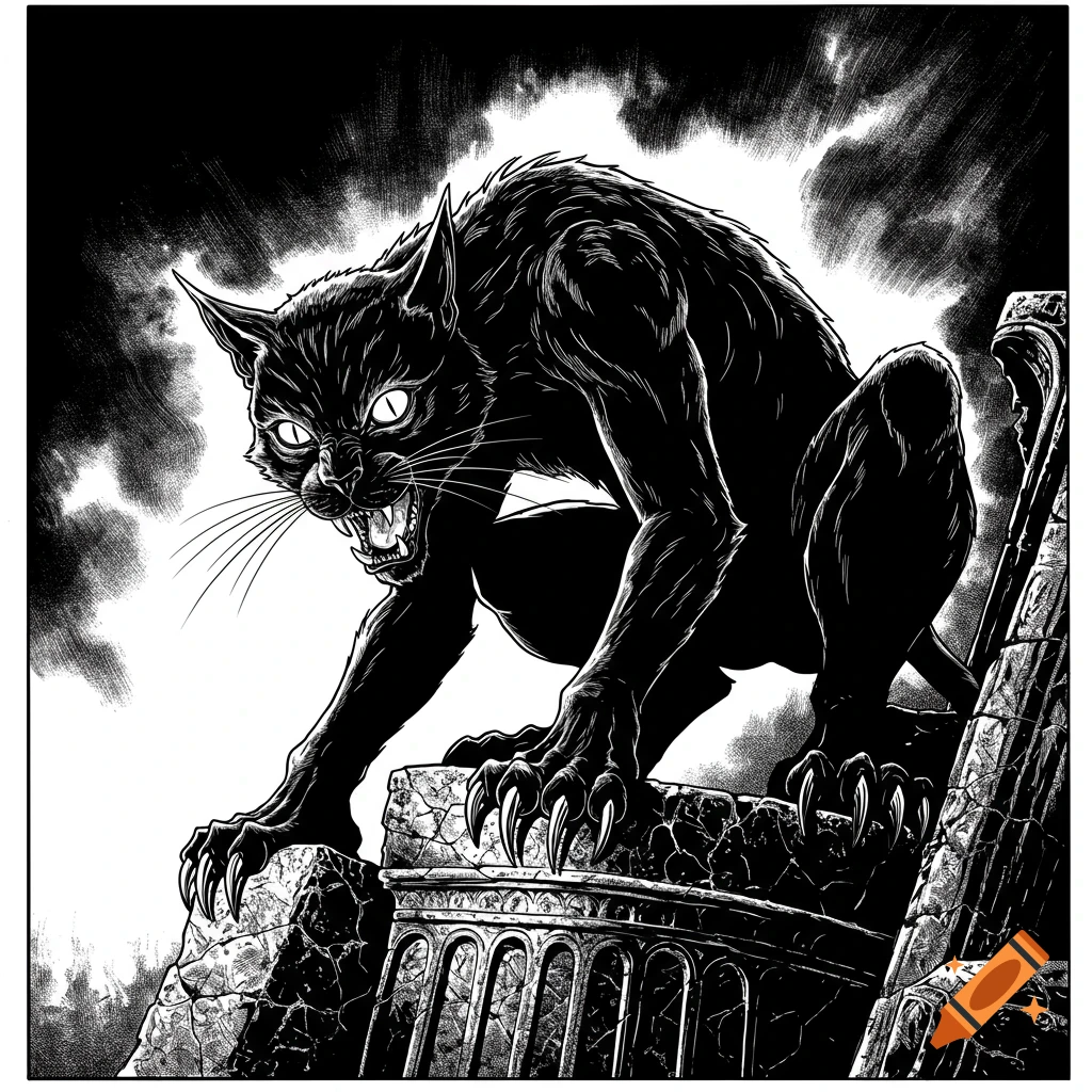 A black monstrous cat with glowing eyes and claws crouches on ruins against a stormy sky, in a monochrome illustration.