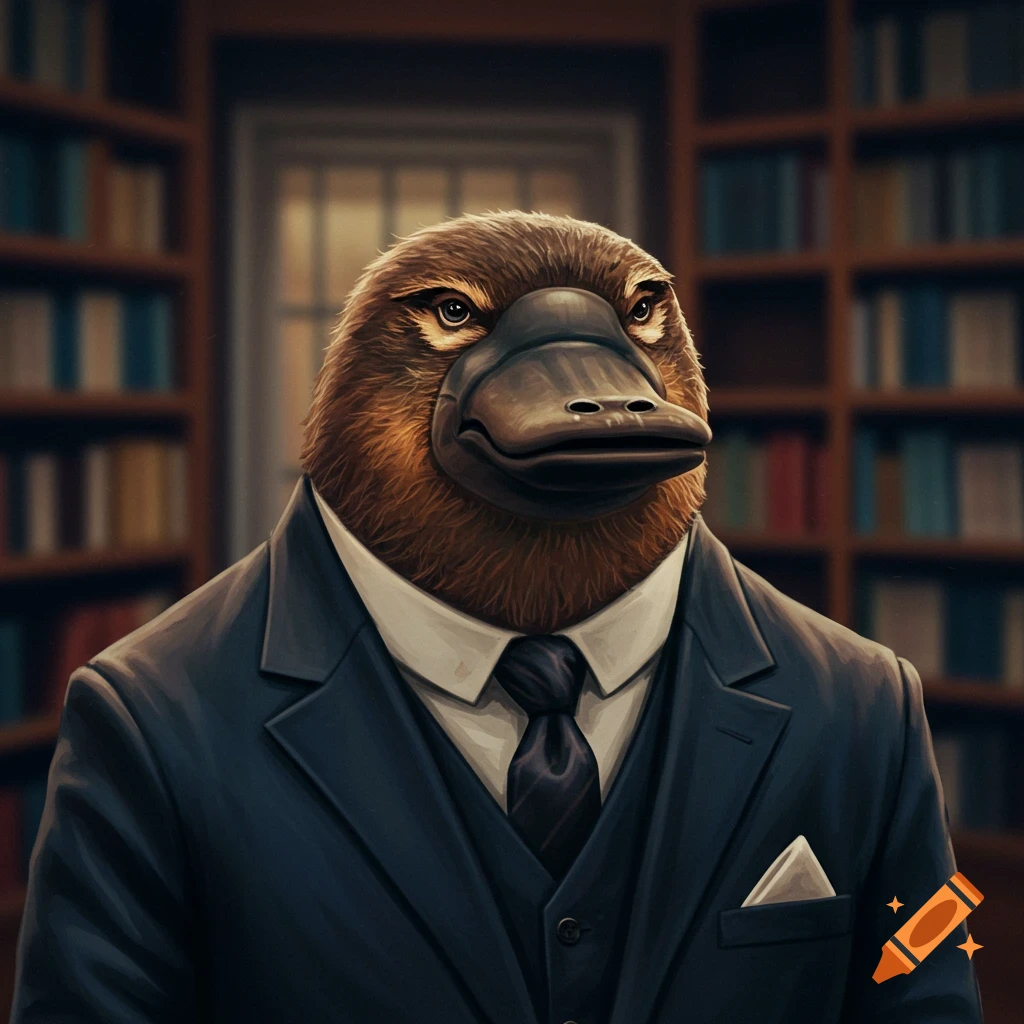 A platypus in a suit standing in a library.