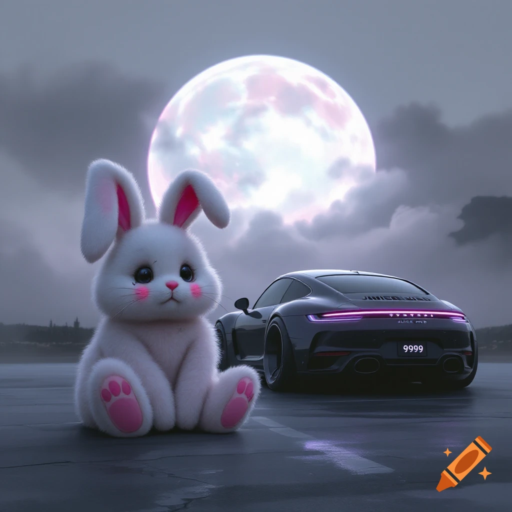 A fluffy white bunny sitting next to a black Porsche sports car under a full moon at night.