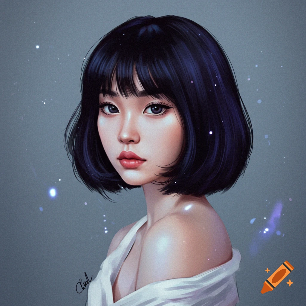 portrait of a young woman with short dark hair and bare shoulders.