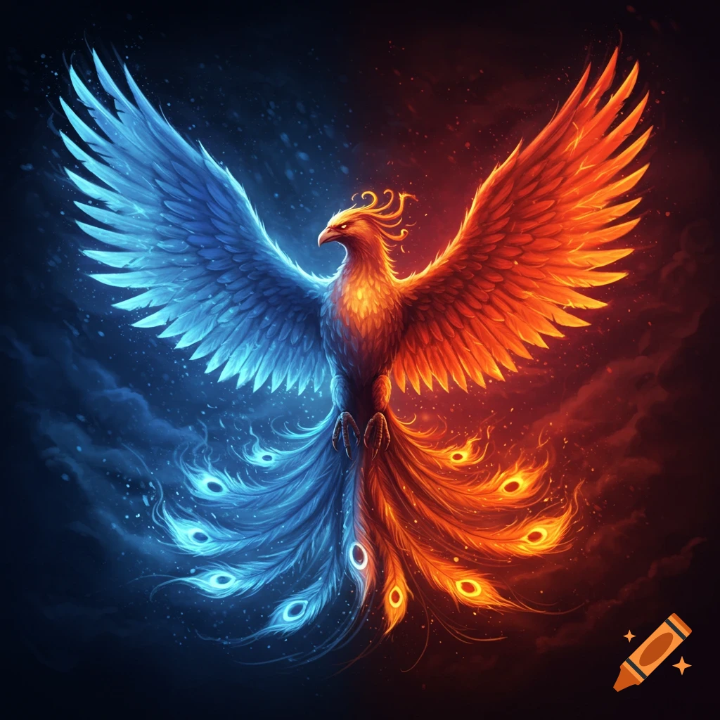 A phoenix is depicted with its wings spread, split between blue ice and red fire.