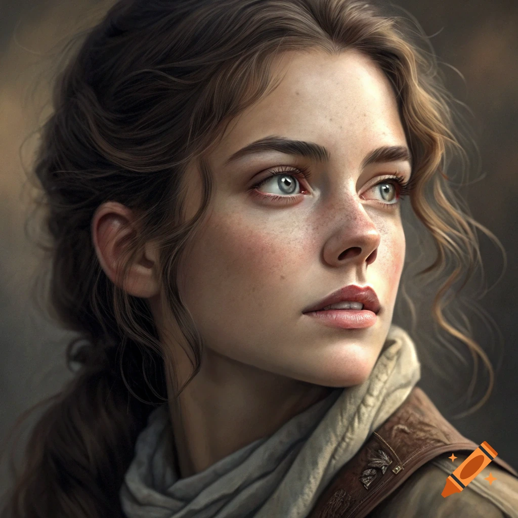 A close-up realistic portrait of a young woman with freckles, blue eyes, and brown wavy hair, looking up and to the side.