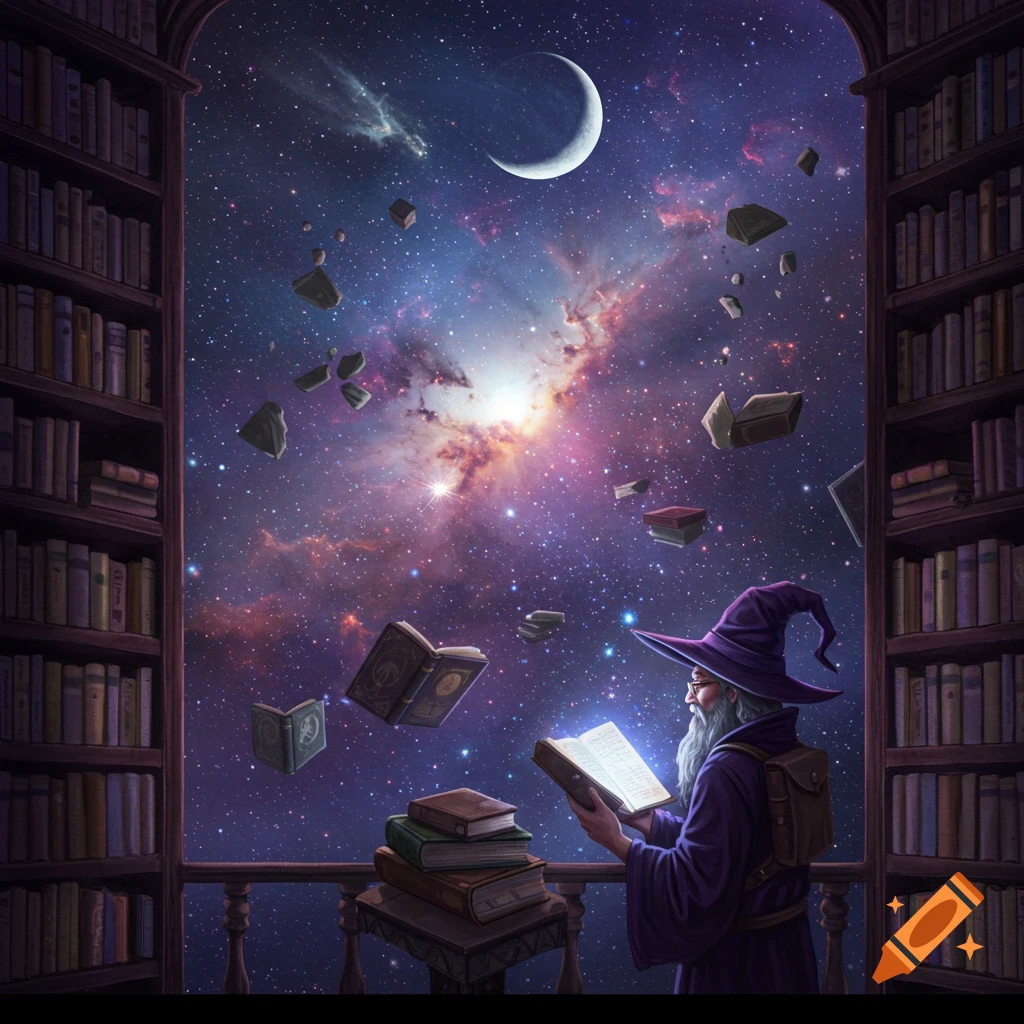 Fantasy painting of a wizard reading in a library overlooking a starry cosmos with a crescent moon and floating books